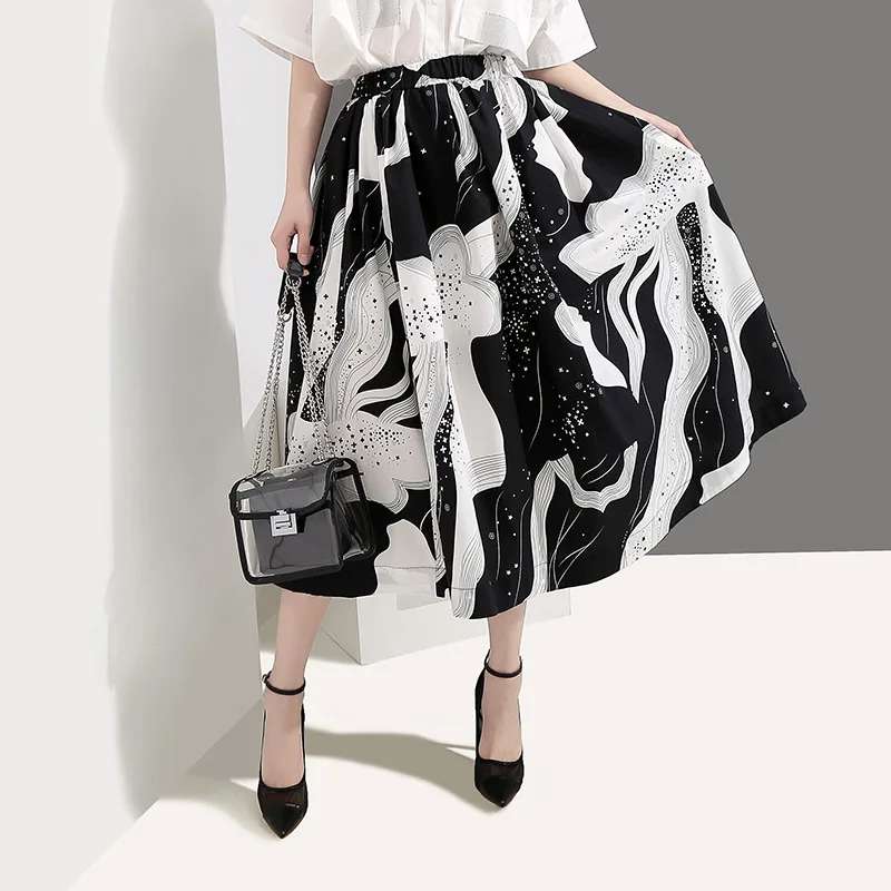 

2019 Elegant Black White Skirt Women Floral High Waist Elasticity Pleated skirts Office Ladies High Street A-line Summer Cloth