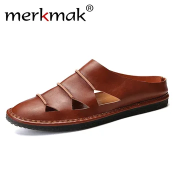 

Men Shoes 2019 Summer Hollow Slippers Fashion Outdoor Breathable Casual Slides Beach Sandal Geniune Leather Flats Footwear