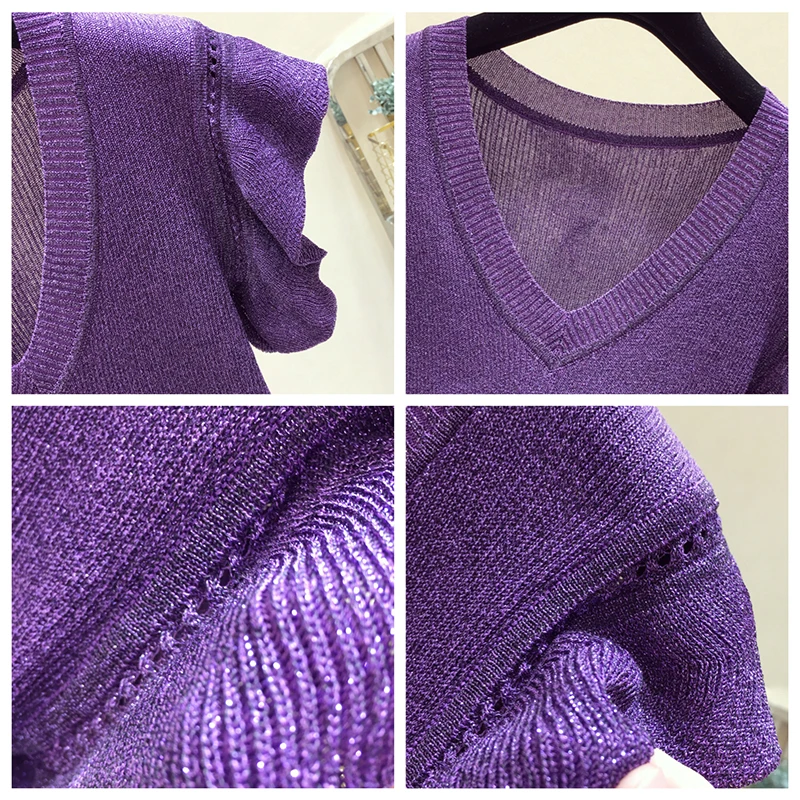 Dingaozlz New Fashion Women Knitted shirt Summer Ruffles Sleeve Pullovers Tops Solid color V-neck Casual Sweater Dingaozlz New Fashion Women Knitted shirt Summer Ruffles Sleeve Pullovers Tops Solid color V-neck Casual Sweater