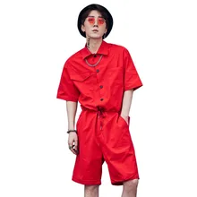 Харадзюку хип-хоп Свободный комбинезон, мужские рабочие мешковатые короткие штаны, мужские уличные цельные комбинезоны, Стильный комбинезон для волос A53013