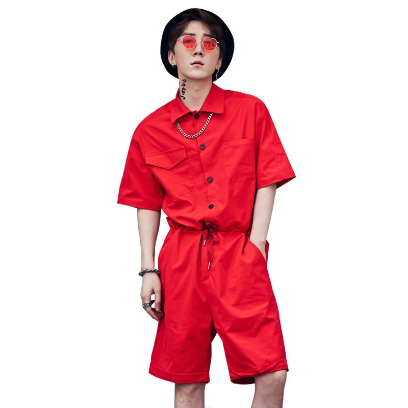 

Harajuku Hiphop loose bib overalls Male Tooling Baggy short pants Men Streetwear One piece Rompers Hair Stylist Jumpsuit A53013