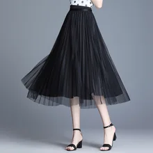 1611 Лето миди плиссированная юбка Женская эластичная высокая талия соединенная сетка трапециевидная Юбка Для Женщин Офисная Леди корейский стиль