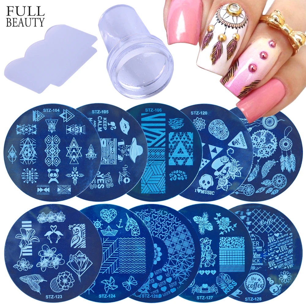 

10pc Geometry Round Nail Stamping Plate+5pc Sponge+1pc Clear Silicone Nail Art Stamper Scraper Image Plate Manicure Set CH374