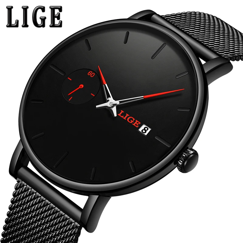 

Red pointer Quartz Clock LIGE Mens Watches Top Brand Luxury Watch For Men Simple All Steel Waterproof Wrist Watch Reloj Hombre