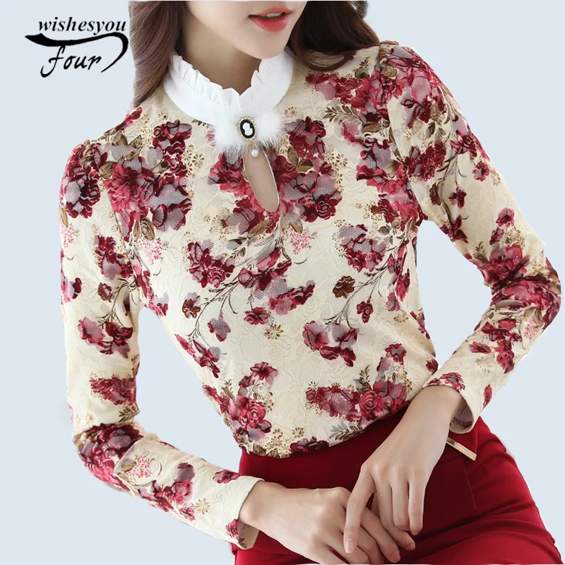 Acheter 2018 Casual Printemps Automne Col Haut Crochet Dentelle Florale Blouses Femmes Dames Tops Dentelle Femmes Blouses À Manches Longues Chemise S 3XL