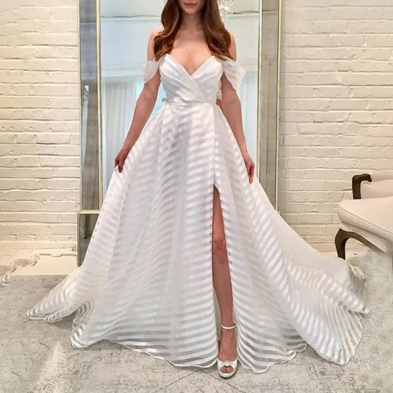 

Women's elegant dress Wedding Bridesmaid V-neck Boat Neck off shoulder solid ladies retro Split Dress long white dresses vestido