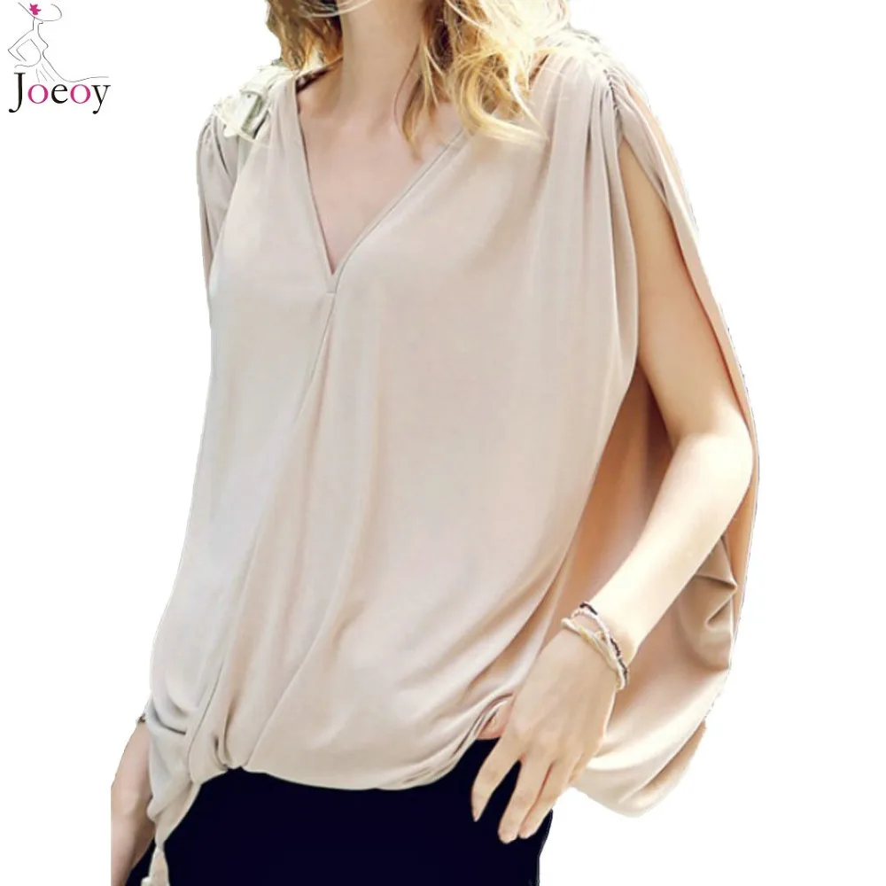 Women Khaki V neck Draped T shirt 2016 Spring New Loose V Neck Draped