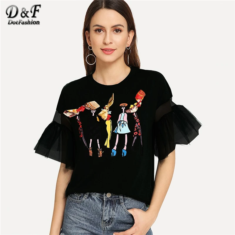 

Dotfashion Black Lace Bow Cartoon Print Tee Women Autumn 2019 Fashion Clothes Casual Flounce Sleeve Tops Summer Preppy T-Shirt