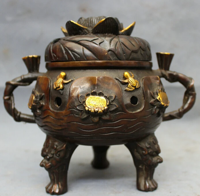 

song voge gem S3914 Chinese Folk Bronze Gilt FengShui Jump Frog Statue Lotus Incense Burner Censer