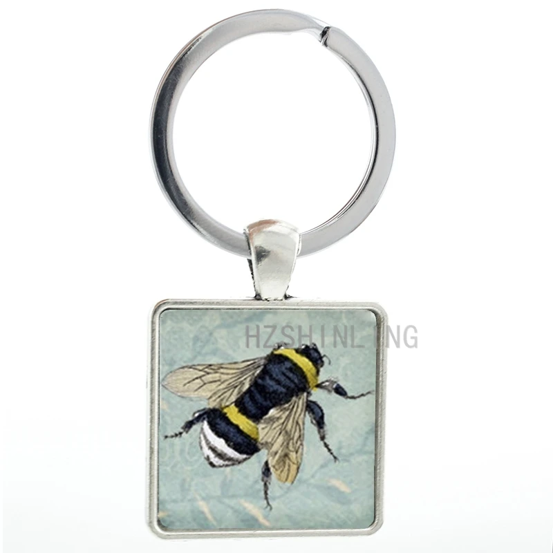 

Honey Bee keychain Bumblebee Blue Floral pattern art insects key chain ring holder men women fashion keyring jewelry gifts AA89