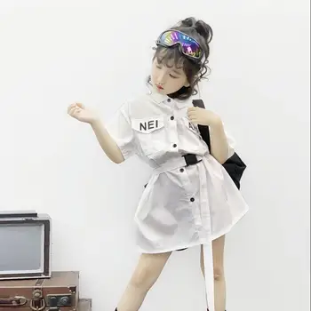 

Children girls new white letter print dress baby girls pockets shirts dress fashion short sleeve clothes free belt ws780