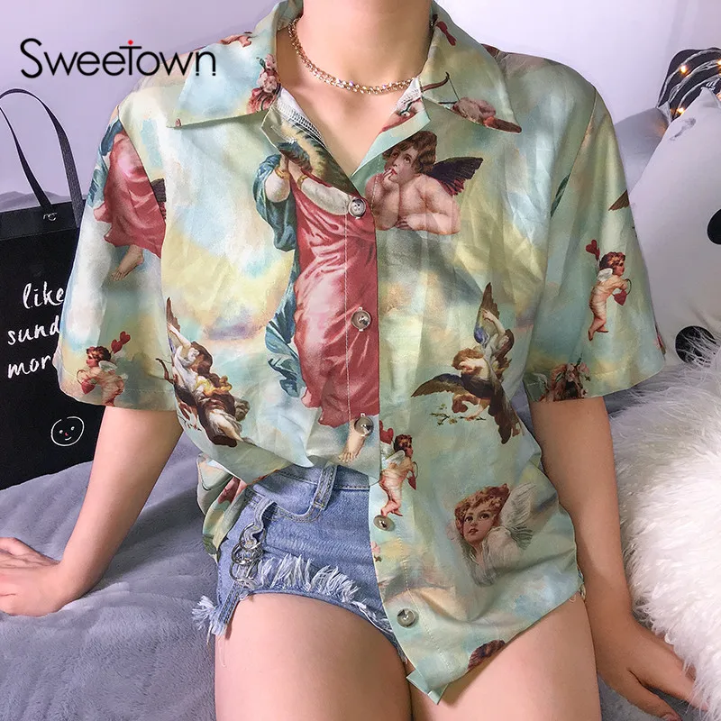 Милая Длинная блузка Sweetown с принтом ангела в стиле Харадзюку Женские винтажные