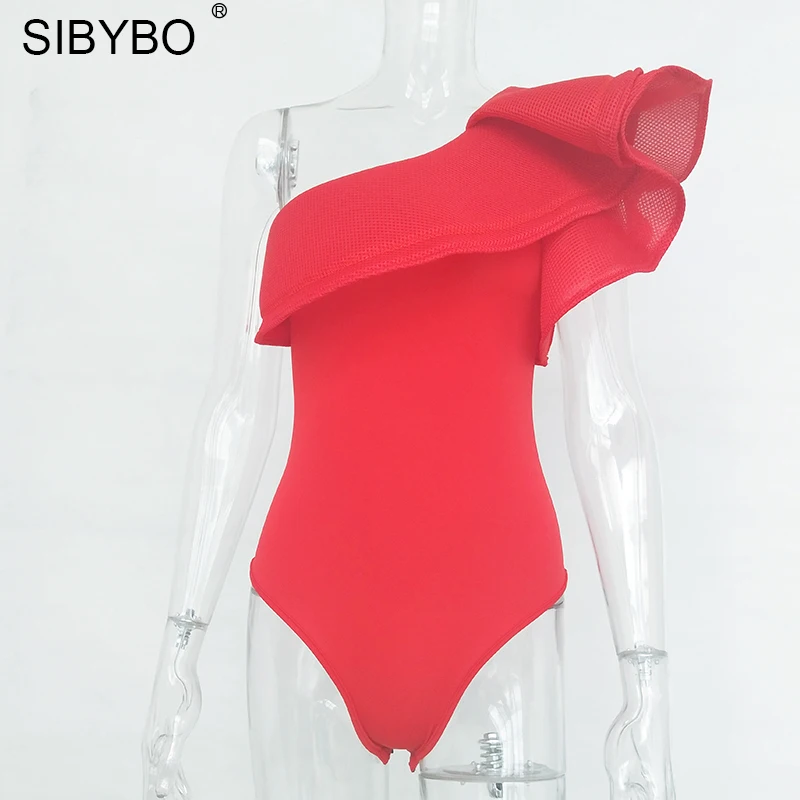Sibybo, сексуальный сетчатый боди для женщин, белый, с оборками, бодикон, летний женский комбинезон,, с открытыми плечами, обтягивающие боди, комбинезон