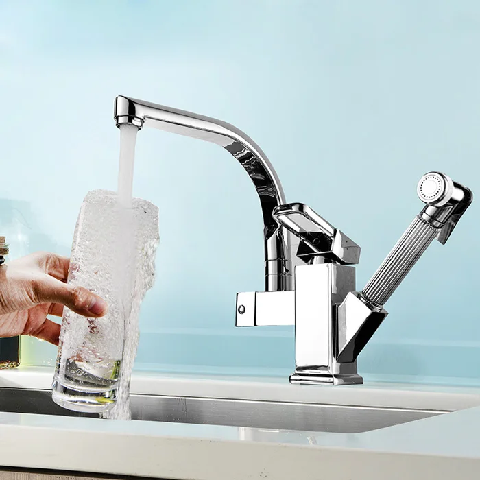 Full Copper hot and cold kitchen faucet pull out rotating retractable sink vegetables basin mixer with spray gun torneiras