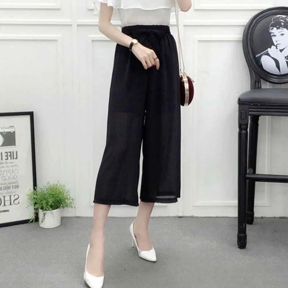 

Women Beach Trouser Fashion Summer Chiffon Solid Bow Bandage High Waist Casual Pant Wide Leg Pants pantacourt femme ete 35#