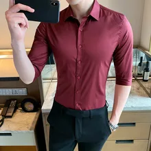 Летние мужские деловые повседневные укороченные винно-красные негабаритные рубашки однотонные профессиональные мужские облегающие рубашки деловая офисная одежда 3xl 4xl