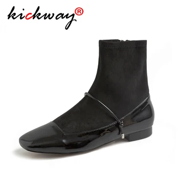 

2019 Autumn Winter New Genuine Leather Knitted Elastic Socks Boots Medium Heeled Short Boots Women Square Toe Ankle Boots black