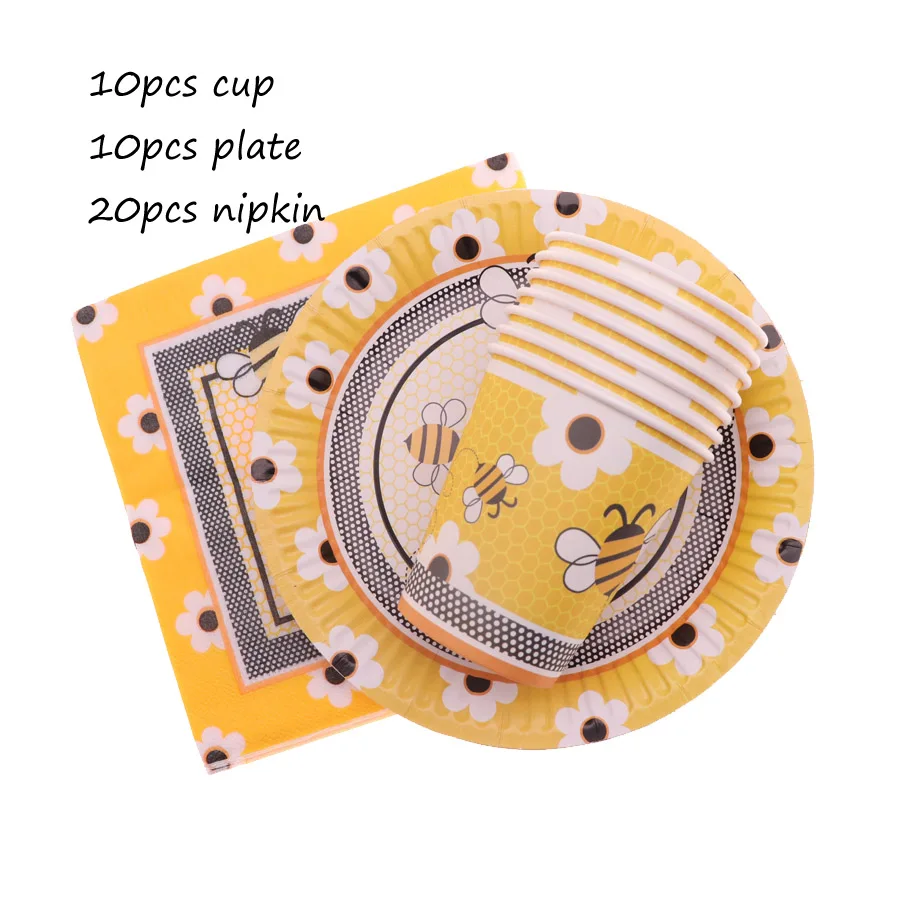 cartoon bee Disposable Tableware Set Paper Plates Cup nipkin ornaments Wedding Decor Carnival princess Party Supplies | Дом и сад