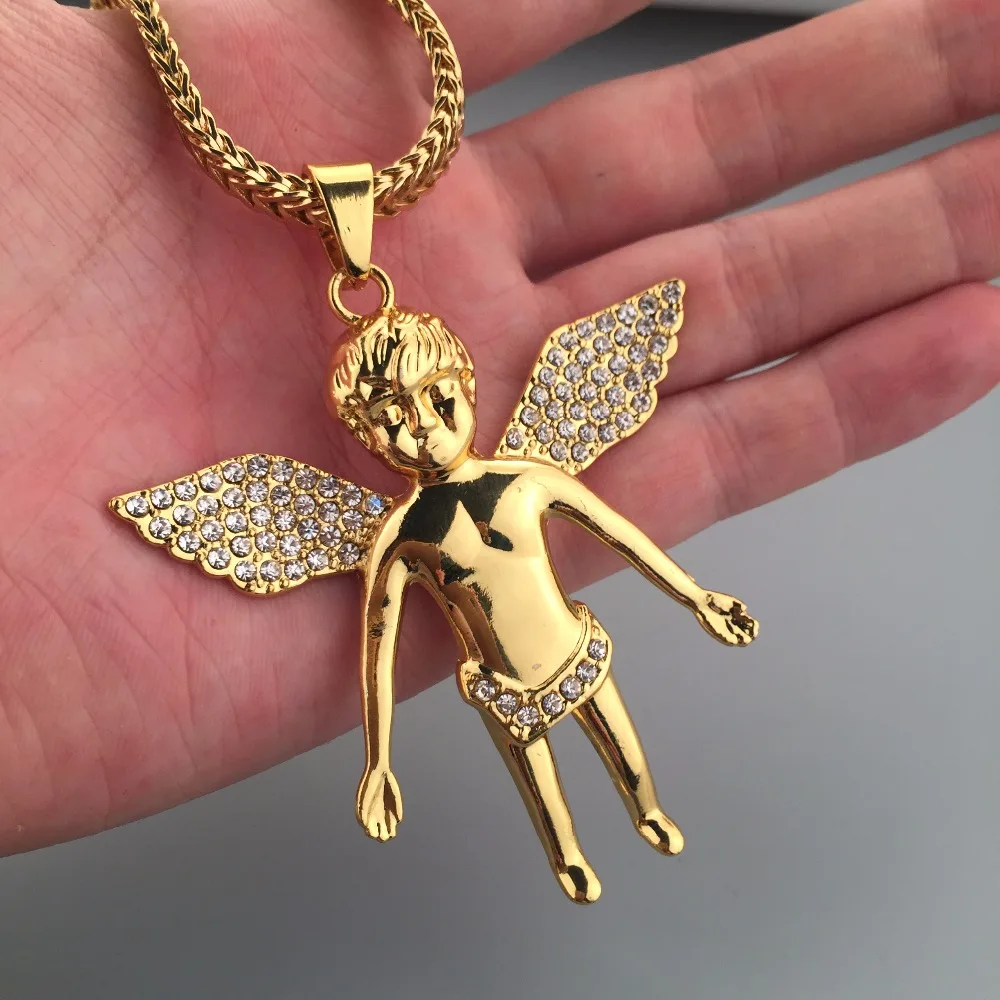 NEW Golden Iced out Angel Pendant Large Size Hip Hop Cupid Necklace