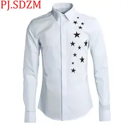 2018 Новый Вышивка пять звезд печать Для мужчин рубашки простой Стиль со звездами Solid High-Класс рубашка город мальчик повседневное Slim Fit