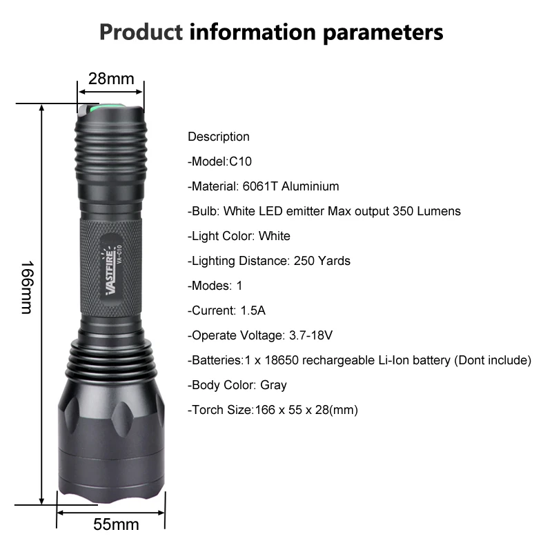 C10 1 Режим Белый свет 1000 лм Охота фонарик Spotlight кемпинг факел лампы + 18650 батарея пульт давление переключатель