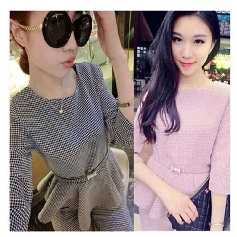 

2 Pieces Set Female 2019 Spring Autumn Houndstooth Women's Business Pants Suits Checker Plaid Ruffles Suits For Women