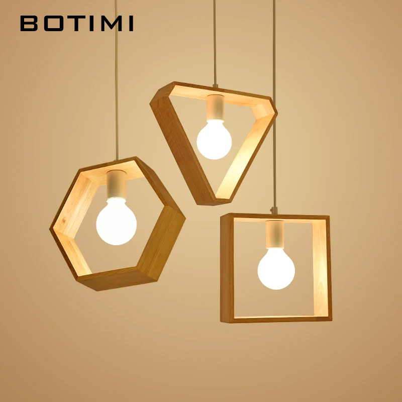 

BOTIMI Triangular Pendant Lights For Dining Square Wooden E27 Hanging Lamp Hexagonal Wood Suspension Kitchen Lighting Fixture