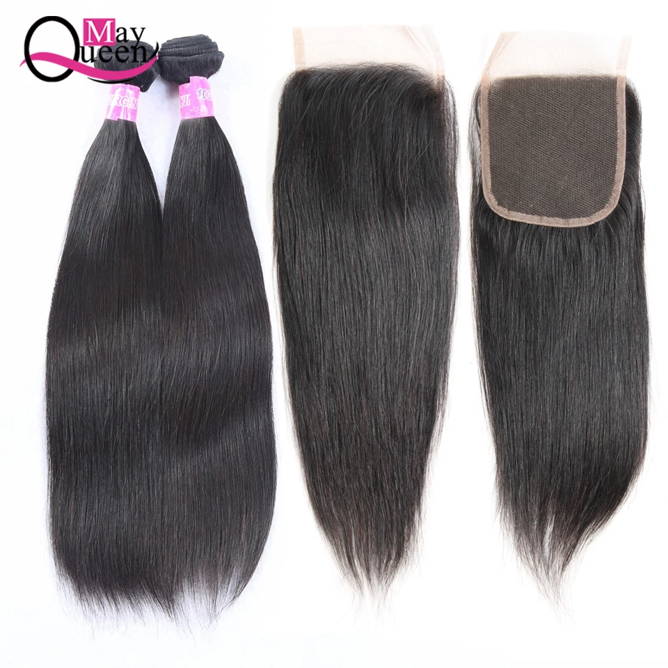 

May Queen Straight Human Hair 3 Bundles With Closure 100% Remy Hair Weft Weave Extensions Peruvian Hair Bundles With Closure