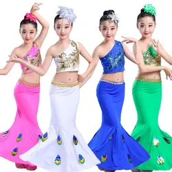 Детская дай Павлин Танцы костюмы для девочек Китайская народная бальные танцы одежда детская блестками Танцы платье юбка «рыбий хвост»