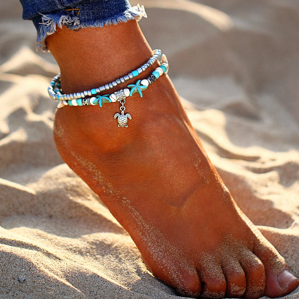 Бохо ножной браслет с цепочкой пляжные аксессуары браслет ювелирное изделие "Морская звезда" волнистые ножные браслеты с ракушками бисер Винтаж для женщин ножной браслет