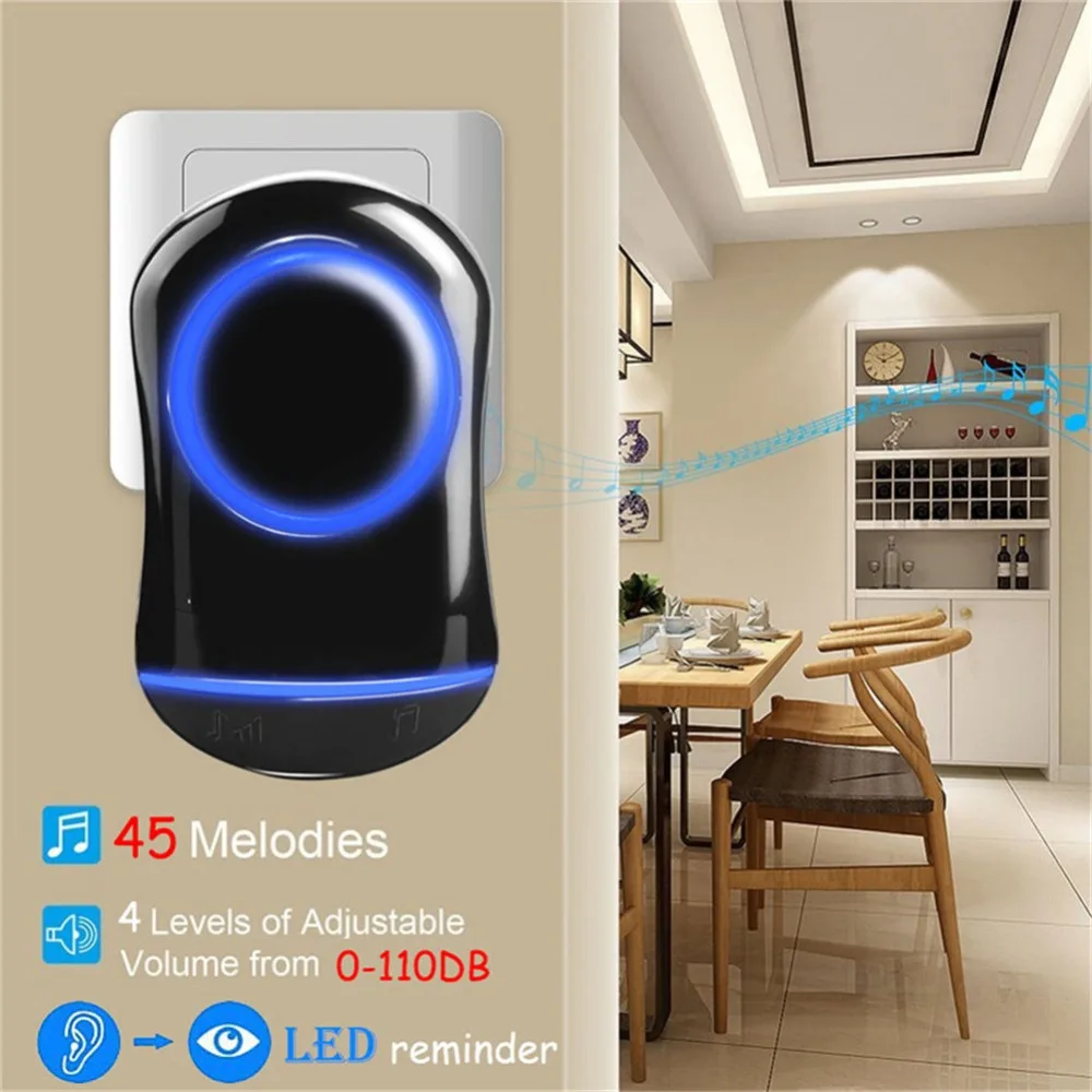 SMATRUL New Waterproof Wireless Doorbell EU Plug 300M Remote smart Door Bell Chime ring  1 2 button 1 2 3 receiver no battery Deaf Gorgeous lighting black 4