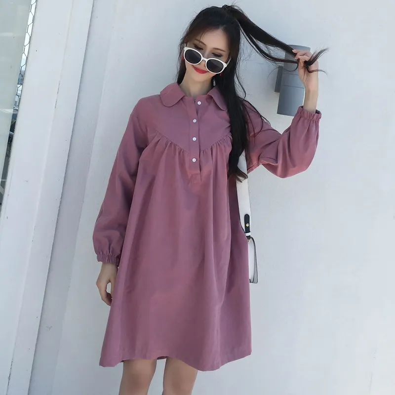 

2018 autumn doll shirt shirt dress pregnant women lapel lantern sleeves loose midi skirt dress