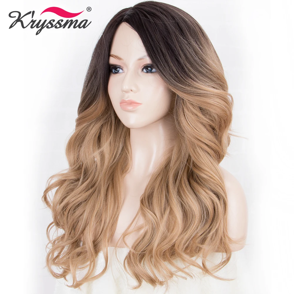 

Long Blonde Synthetic Wigs for Women Dark Roots to Blonde Ombre Wig 130% Density Wavy Soft Fiber 18 Inches Right Part Glueless
