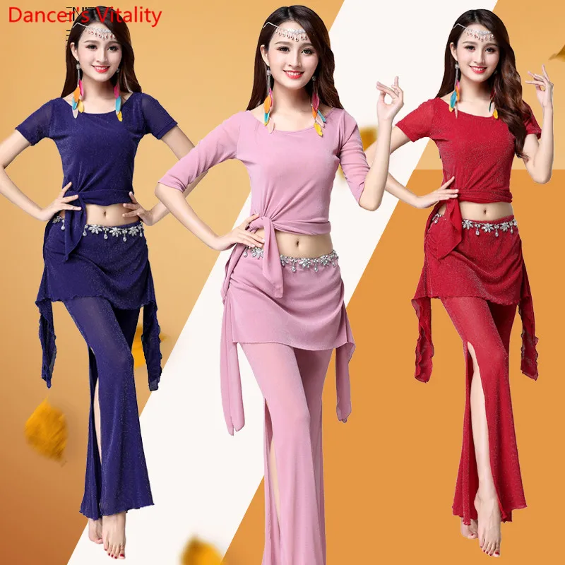

Hot Sale New Short Sleeves Round Neck Set belly dance Mesh Dance Costumes Women For Dancer Clothing Top & Pants Training Wear