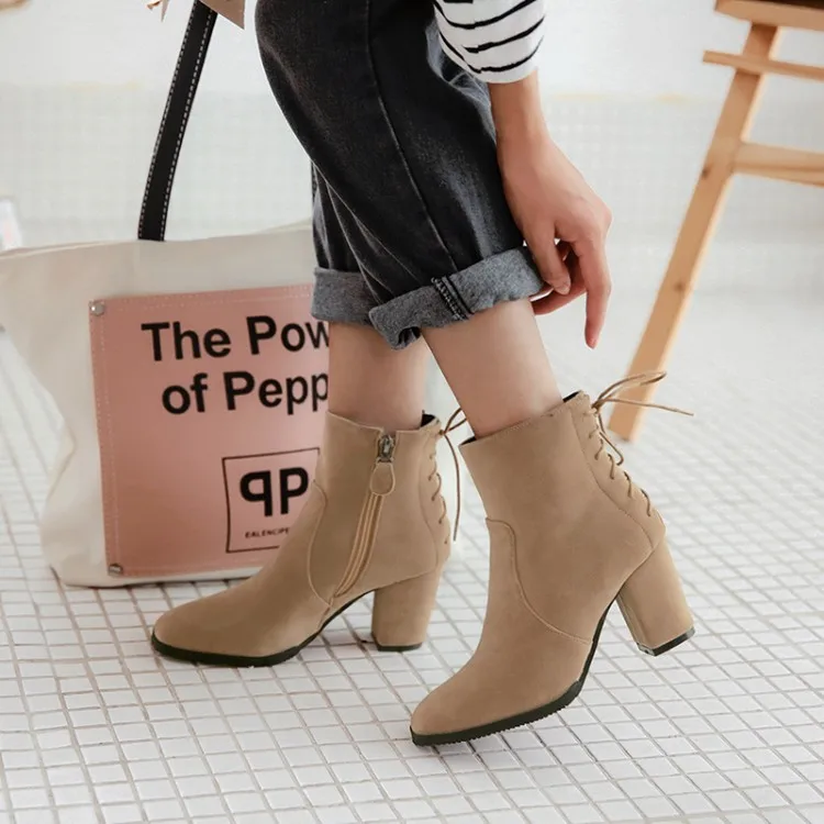 

Big Size 11 12 13 14 15 16 17 Ma'am Coarse heel Short boots Pure color Frenulum Suede high-heeled boots