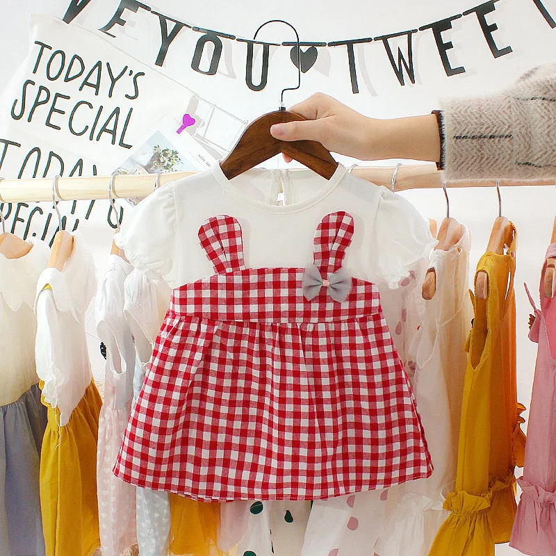 Цена; летнее платье для маленьких девочек с милым кроликом; красное/розовое праздничное платье принцессы в клетку для новорожденных; одежда для малышей