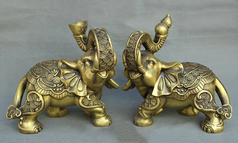 

13" China FengShui Bronze Wealth Yuanbao RuYi Auspicious Elephant Statue Pair