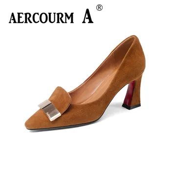 

Aercourm A 2018 Women Scrub Fashion Shoes Ladies Kid Suede Leather Shoes Square High Heel Pumps Metal Buckle Brand Shoes Z324