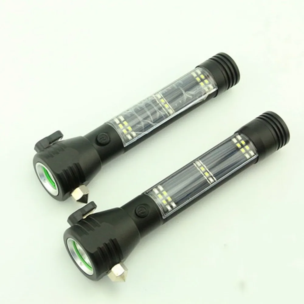 

ICOCO New Flashlight USB MultiFunction Solar Powered Charge Safety Hammer with Cutter Buzzer Emergency Survival Tool for Outdoor