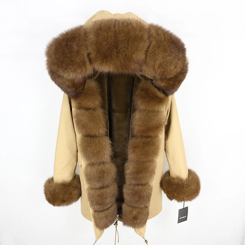 Brand Real Fur Coat Fashion Winter Jacket Women Natural Real Fox Fur Collar Loose Long Parkas Big Fur Outerwear Detachable - Цвет: brown brown