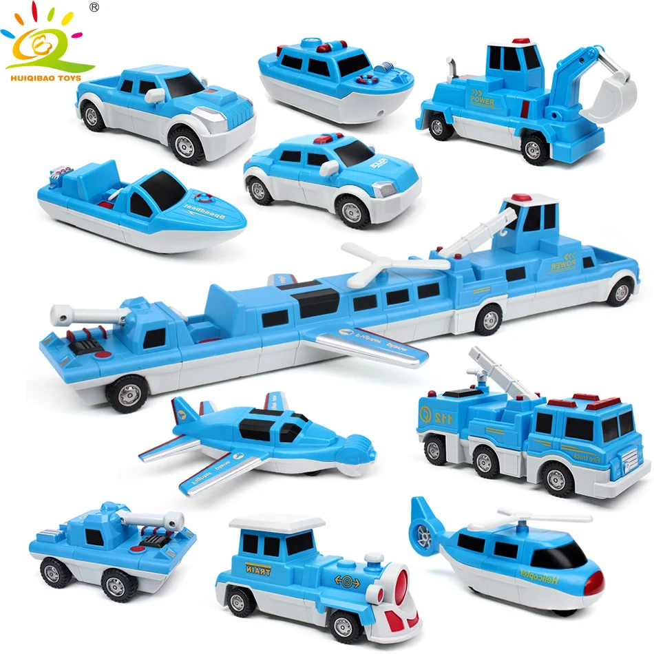 

HUIQIBAO TOYS 10pcs 10in1 Magnetic Train Building Blocks DIY Police Plane Boat Truck car Game Kit For Children Educational brick