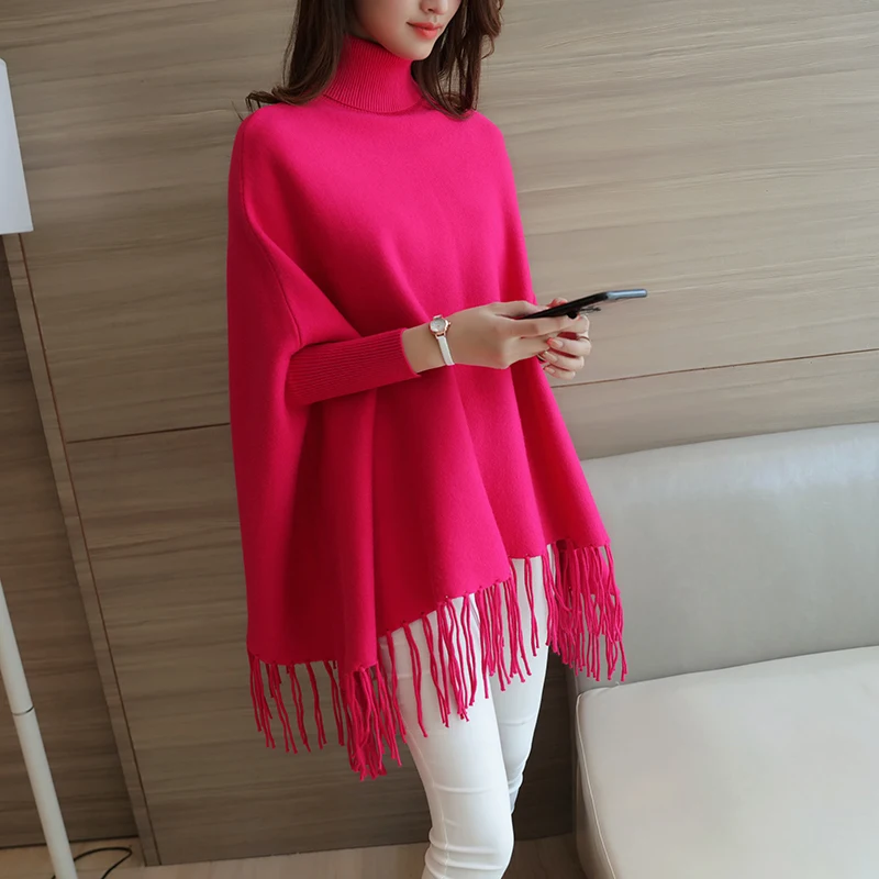 Женский свитер, осень, новая Корейская Длинная накидка с бахромой, женский свитер, шерстяной кардиган с высоким воротом, сплошной цвет, красный