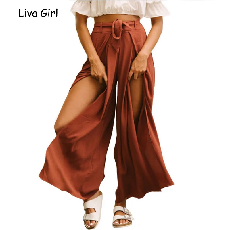 

2017 High Waist Summer Women Boho Casual Wide Leg Pants Pantalon Femme Belted Trousers Loose Split Bohemian Pants
