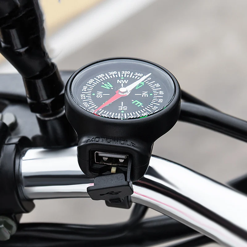 

Motorcycle Handlebar Waterproof USB Charger 12-24V 2A with Compass for Mobile Phones GPS
