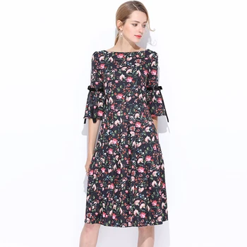 

Summer New Runway High Quality 2017 Designer Dress Women's Elegant Flare Sleeve Sexy Backless Floral Printed Vintage Dress