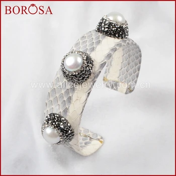 

BOROSA 5PCS Druzy Three Natural Freshwater Pearl Bangle Wrapped With Rainbow Snake Skin Paved Zircon JAB366