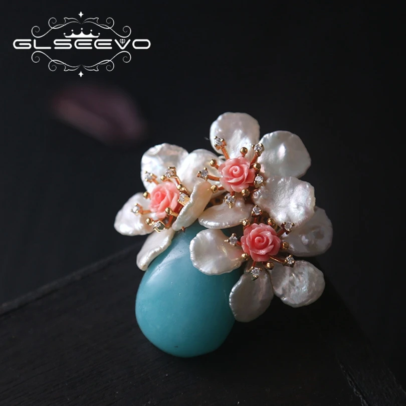 

XlentAg Natural Fresh Water Baroque Pearl Flower Brooch Pins Amazonite Coral Flower Brooches For Women Dual Use Jewellery GO0203