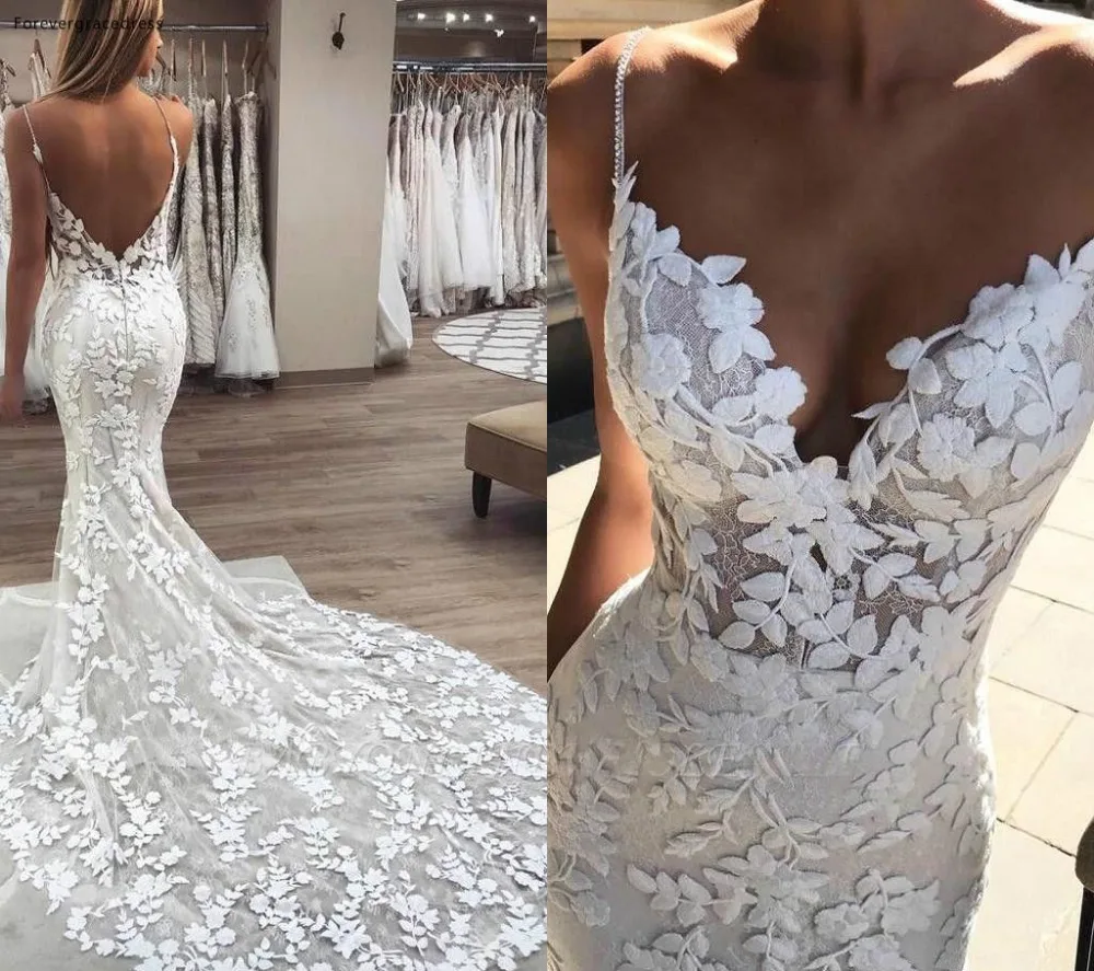 2019 Sexy Lace Mermaid Wedding Dresses Spaghetti Straps Backless Bridal Gowns Sleeveless Vestidos de novia BC2057 183 (2)