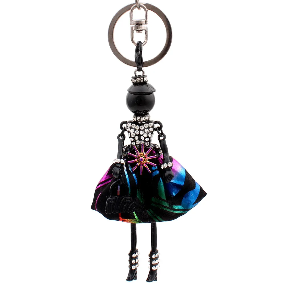 

Popular Christmas gift Cute Rhinestone dolls Black Alloy Jewelry key chain multicolor princess Pendant Girls Car key Ring chain