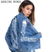 Осенняя женская джинсовая куртка с длинными рукавами, пальто с лацканами, топы размера плюс 5XL, модная верхняя одежда с дырками